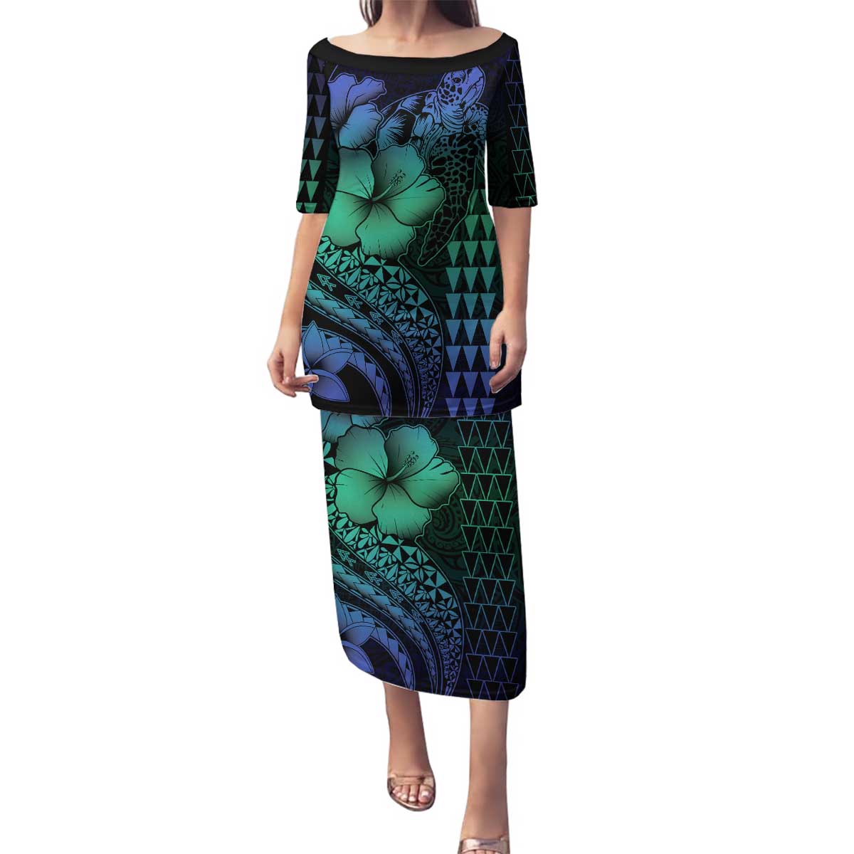 Hawaiian Sea Turtle Family Matching Puletasi and Hawaiian Shirt Blue Hibiscus Flowers and Kakau Pattern LT9 Mom's Dress Blue - Polynesian Pride
