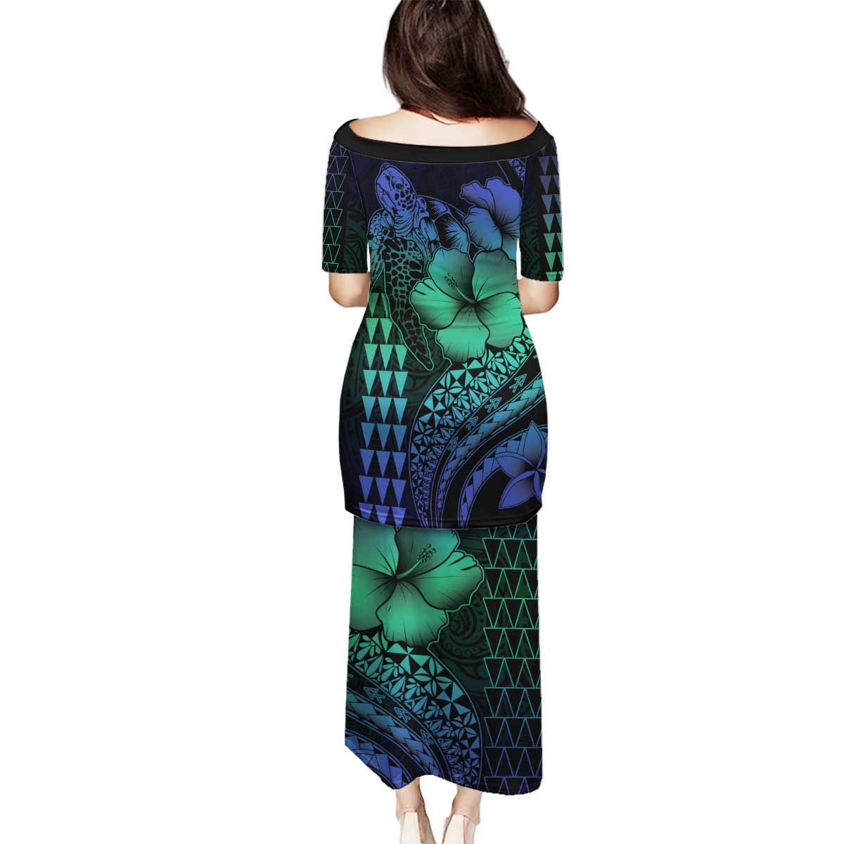 Hawaiian Sea Turtle Family Matching Puletasi and Hawaiian Shirt Blue Hibiscus Flowers and Kakau Pattern LT9 - Polynesian Pride