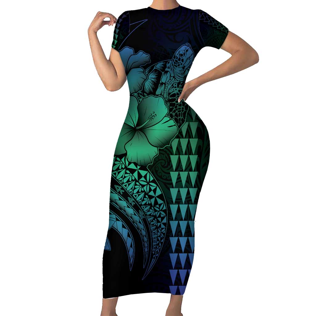 Hawaiian Sea Turtle Family Matching Short Sleeve Bodycon Dress and Hawaiian Shirt Blue Hibiscus Flowers and Kakau Pattern LT9 Mom's Dress Blue - Polynesian Pride