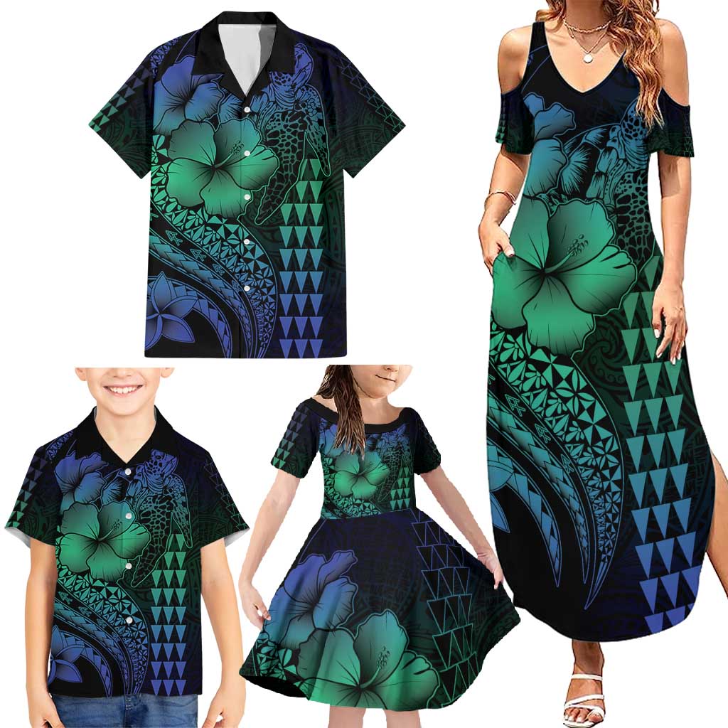 Hawaiian Sea Turtle Family Matching Summer Maxi Dress and Hawaiian Shirt Blue Hibiscus Flowers and Kakau Pattern LT9 - Polynesian Pride