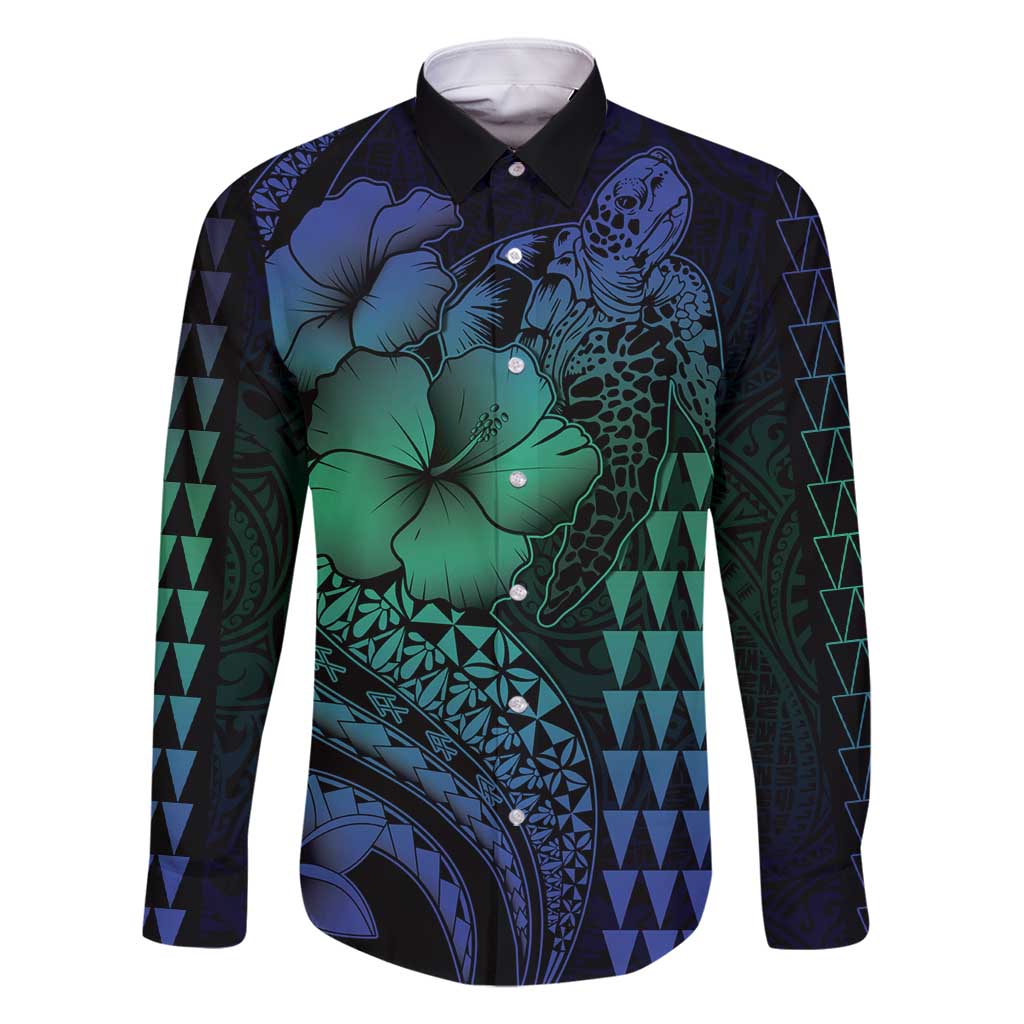 Hawaiian Sea Turtle Family Matching Summer Maxi Dress and Hawaiian Shirt Blue Hibiscus Flowers and Kakau Pattern LT9 Dad's Shirt - Long Sleeve Blue - Polynesian Pride
