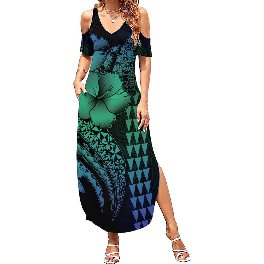 Hawaiian Sea Turtle Family Matching Summer Maxi Dress and Hawaiian Shirt Blue Hibiscus Flowers and Kakau Pattern LT9 Mom's Dress Blue - Polynesian Pride