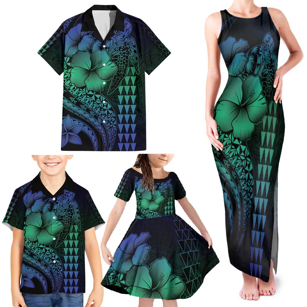 Hawaiian Sea Turtle Family Matching Tank Maxi Dress and Hawaiian Shirt Blue Hibiscus Flowers and Kakau Pattern