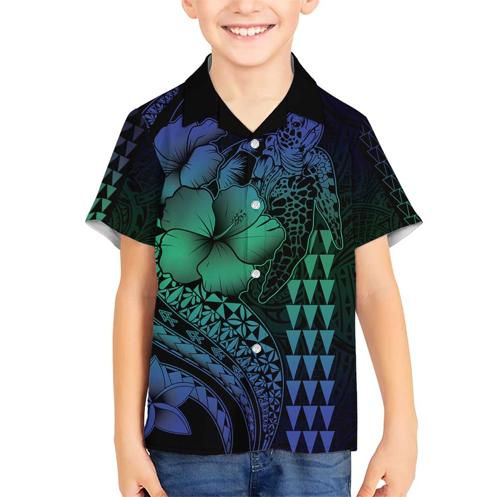 Hawaiian Sea Turtle Kid Hawaiian Shirt Blue Hibiscus Flowers and Kakau Pattern