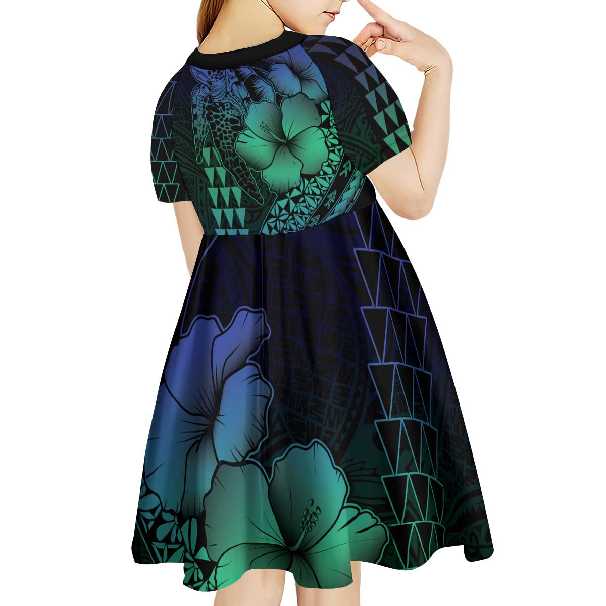 Hawaiian Sea Turtle Kid Short Sleeve Dress Blue Hibiscus Flowers and Kakau Pattern