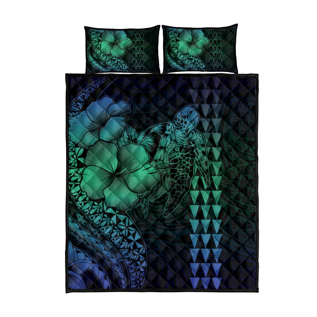Hawaiian Sea Turtle Quilt Bed Set Blue Hibiscus Flowers and Kakau Pattern LT9 - Polynesian Pride