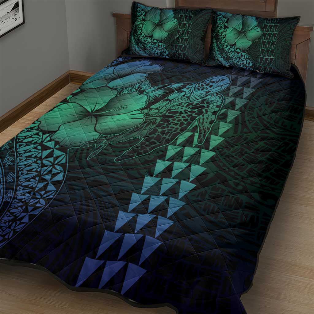 Hawaiian Sea Turtle Quilt Bed Set Blue Hibiscus Flowers and Kakau Pattern LT9 - Polynesian Pride