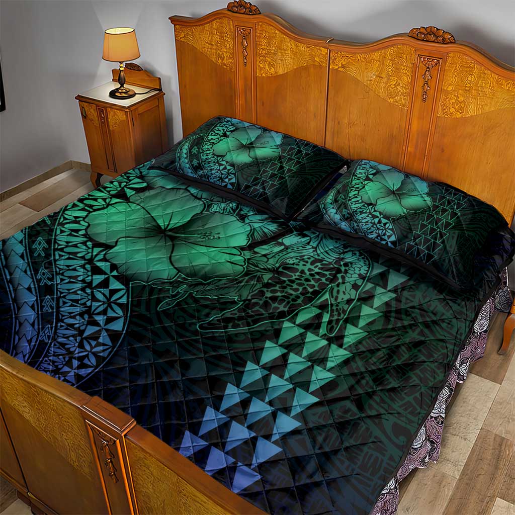 Hawaiian Sea Turtle Quilt Bed Set Blue Hibiscus Flowers and Kakau Pattern LT9 - Polynesian Pride