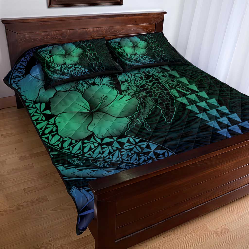 Hawaiian Sea Turtle Quilt Bed Set Blue Hibiscus Flowers and Kakau Pattern LT9 - Polynesian Pride