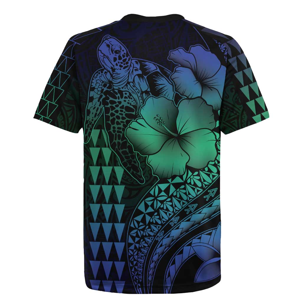 Hawaiian Sea Turtle Rugby Jersey Blue Hibiscus Flowers and Kakau Pattern