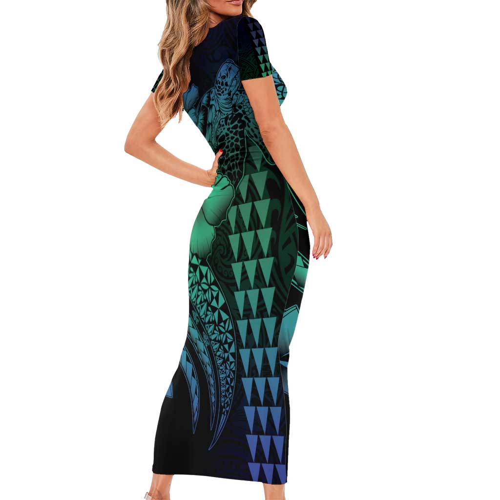 Hawaiian Sea Turtle Short Sleeve Bodycon Dress Blue Hibiscus Flowers and Kakau Pattern