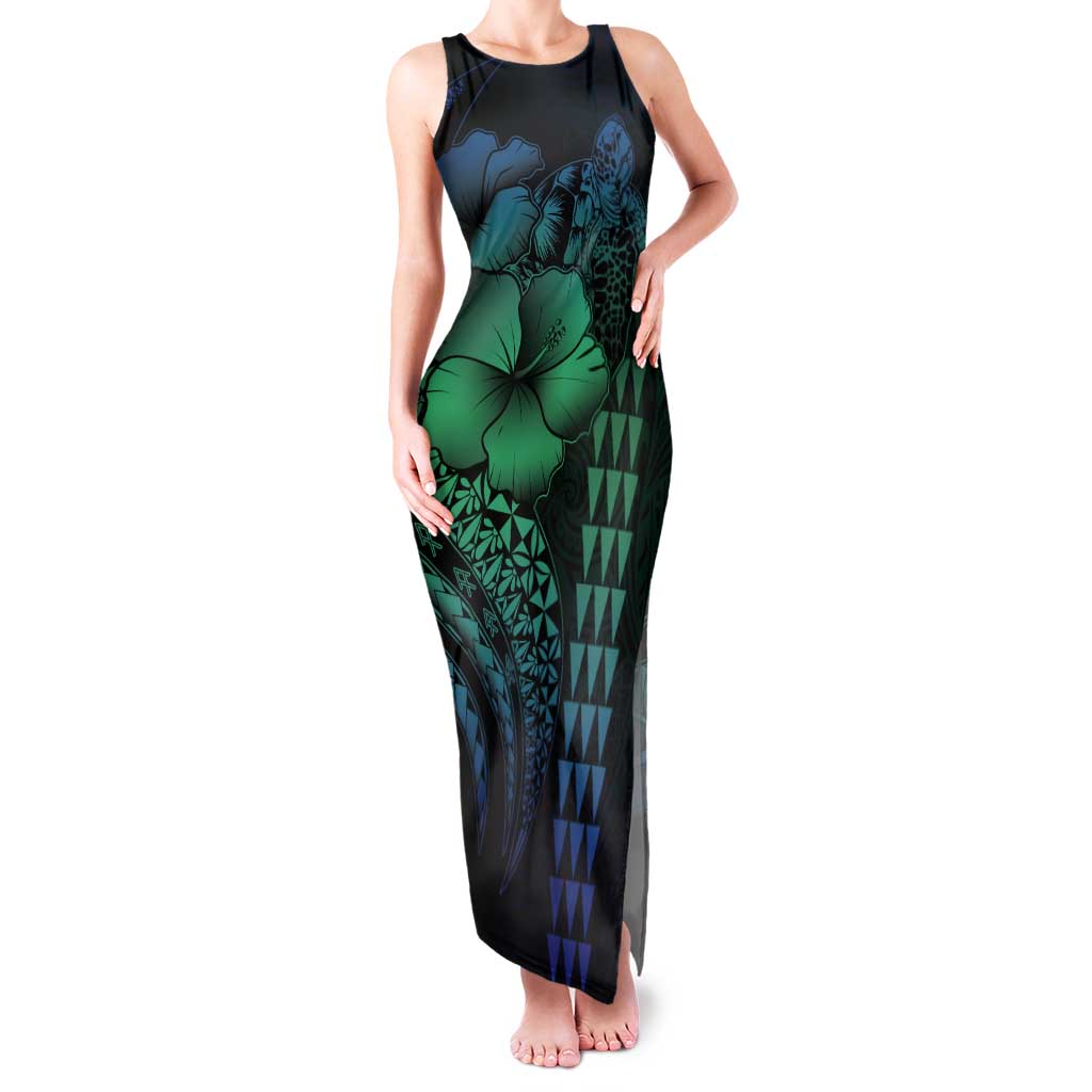 Hawaiian Sea Turtle Tank Maxi Dress Blue Hibiscus Flowers and Kakau Pattern