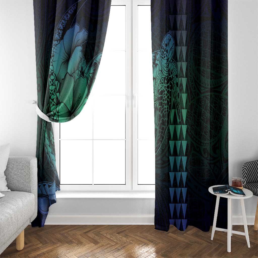 Hawaiian Sea Turtle Window Curtain Blue Hibiscus Flowers and Kakau Pattern
