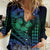 Hawaiian Sea Turtle Women Casual Shirt Blue Hibiscus Flowers and Kakau Pattern
