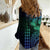 Hawaiian Sea Turtle Women Casual Shirt Blue Hibiscus Flowers and Kakau Pattern