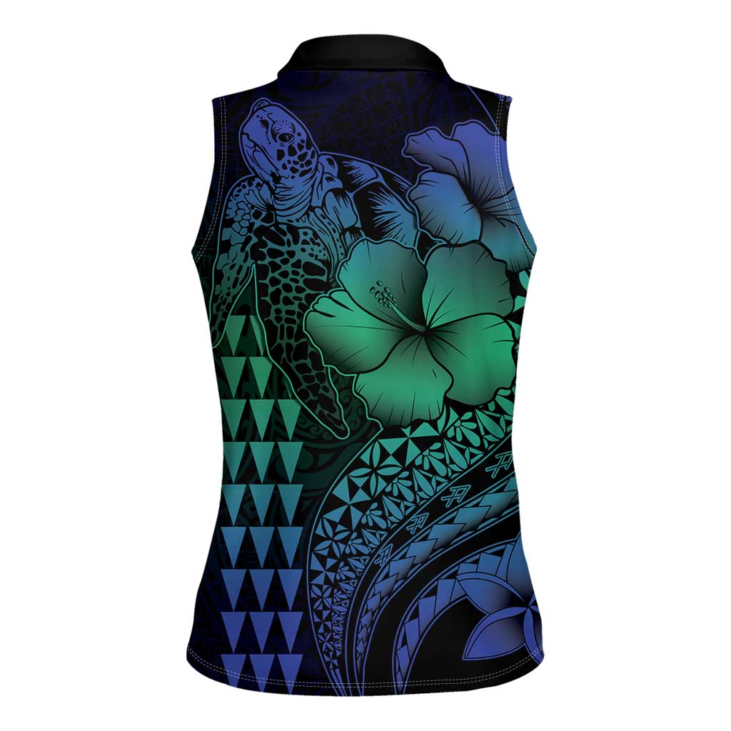 Hawaiian Sea Turtle Women Sleeveless Polo Shirt Blue Hibiscus Flowers and Kakau Pattern LT9 - Polynesian Pride