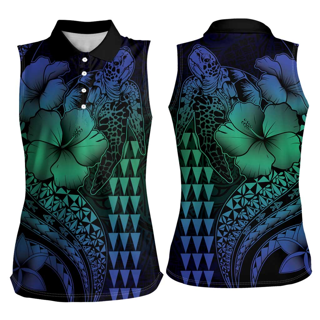 Hawaiian Sea Turtle Women Sleeveless Polo Shirt Blue Hibiscus Flowers and Kakau Pattern LT9 - Polynesian Pride