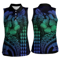 Hawaiian Sea Turtle Women Sleeveless Polo Shirt Blue Hibiscus Flowers and Kakau Pattern LT9 - Polynesian Pride