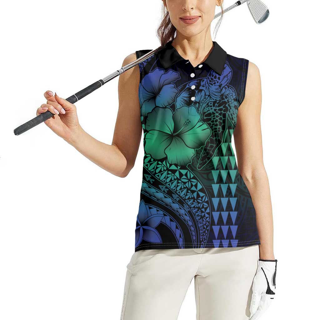 Hawaiian Sea Turtle Women Sleeveless Polo Shirt Blue Hibiscus Flowers and Kakau Pattern LT9 - Polynesian Pride