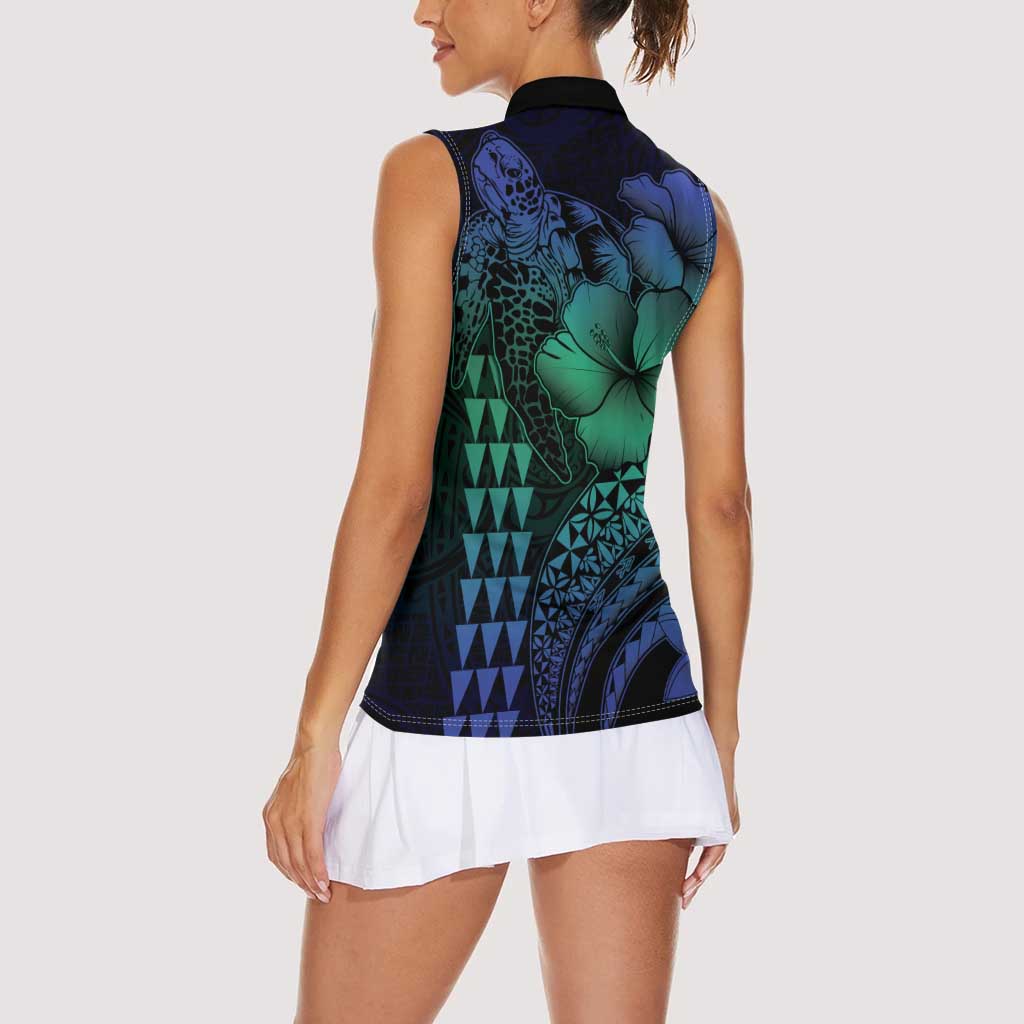 Hawaiian Sea Turtle Women Sleeveless Polo Shirt Blue Hibiscus Flowers and Kakau Pattern LT9 - Polynesian Pride