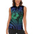 Hawaiian Sea Turtle Women Sleeveless Polo Shirt Blue Hibiscus Flowers and Kakau Pattern