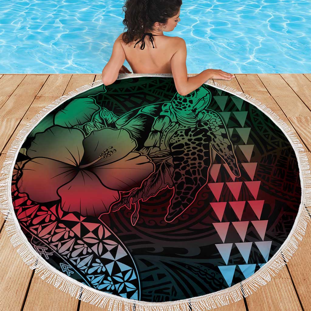 Hawaiian Sea Turtle Beach Blanket Green Hibiscus Flowers and Kakau Pattern