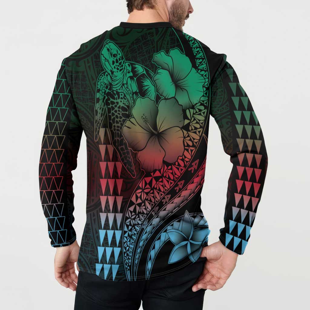 Hawaiian Sea Turtle Button Sweatshirt Green Hibiscus Flowers and Kakau Pattern