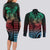 Hawaiian Sea Turtle Couples Matching Long Sleeve Bodycon Dress and Long Sleeve Button Shirt Green Hibiscus Flowers and Kakau Pattern