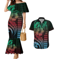 Hawaiian Sea Turtle Couples Matching Mermaid Dress and Hawaiian Shirt Green Hibiscus Flowers and Kakau Pattern LT9 Green - Polynesian Pride
