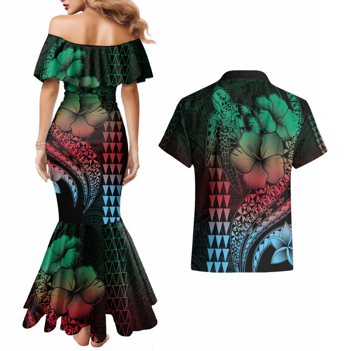 Hawaiian Sea Turtle Couples Matching Mermaid Dress and Hawaiian Shirt Green Hibiscus Flowers and Kakau Pattern LT9 - Polynesian Pride