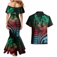Hawaiian Sea Turtle Couples Matching Mermaid Dress and Hawaiian Shirt Green Hibiscus Flowers and Kakau Pattern LT9 - Polynesian Pride
