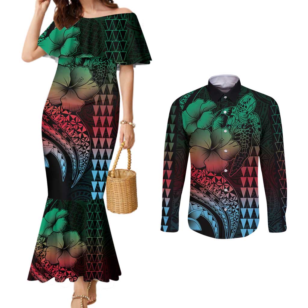 Hawaiian Sea Turtle Couples Matching Mermaid Dress and Long Sleeve Button Shirt Green Hibiscus Flowers and Kakau Pattern