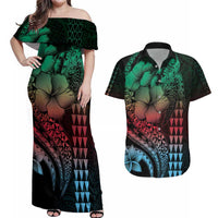 Hawaiian Sea Turtle Couples Matching Off Shoulder Maxi Dress and Hawaiian Shirt Green Hibiscus Flowers and Kakau Pattern LT9 Green - Polynesian Pride