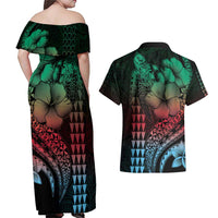 Hawaiian Sea Turtle Couples Matching Off Shoulder Maxi Dress and Hawaiian Shirt Green Hibiscus Flowers and Kakau Pattern LT9 - Polynesian Pride