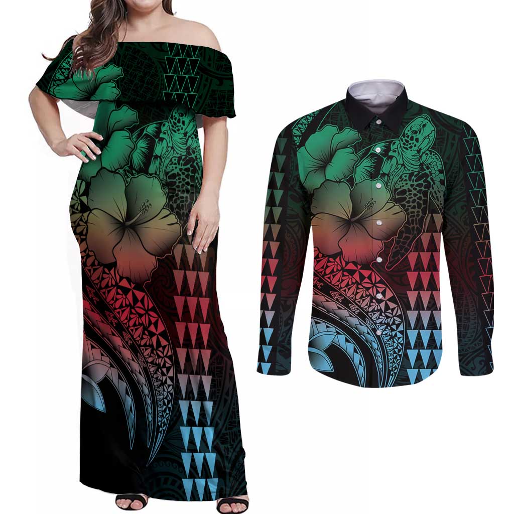 Hawaiian Sea Turtle Couples Matching Off Shoulder Maxi Dress and Long Sleeve Button Shirt Green Hibiscus Flowers and Kakau Pattern LT9 Green - Polynesian Pride