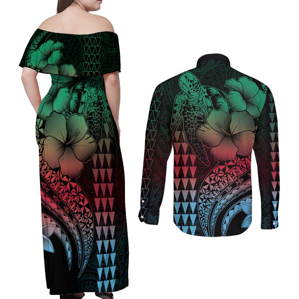 Hawaiian Sea Turtle Couples Matching Off Shoulder Maxi Dress and Long Sleeve Button Shirt Green Hibiscus Flowers and Kakau Pattern LT9 - Polynesian Pride