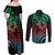 Hawaiian Sea Turtle Couples Matching Off Shoulder Maxi Dress and Long Sleeve Button Shirt Green Hibiscus Flowers and Kakau Pattern