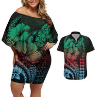 Hawaiian Sea Turtle Couples Matching Off Shoulder Short Dress and Hawaiian Shirt Green Hibiscus Flowers and Kakau Pattern LT9 Green - Polynesian Pride
