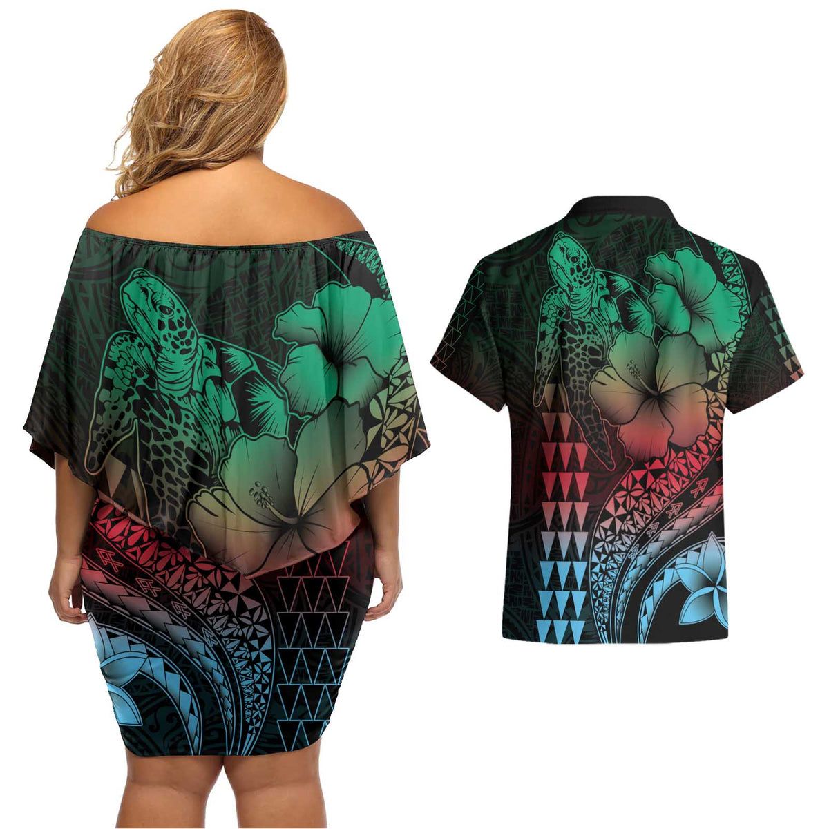 Hawaiian Sea Turtle Couples Matching Off Shoulder Short Dress and Hawaiian Shirt Green Hibiscus Flowers and Kakau Pattern LT9 - Polynesian Pride