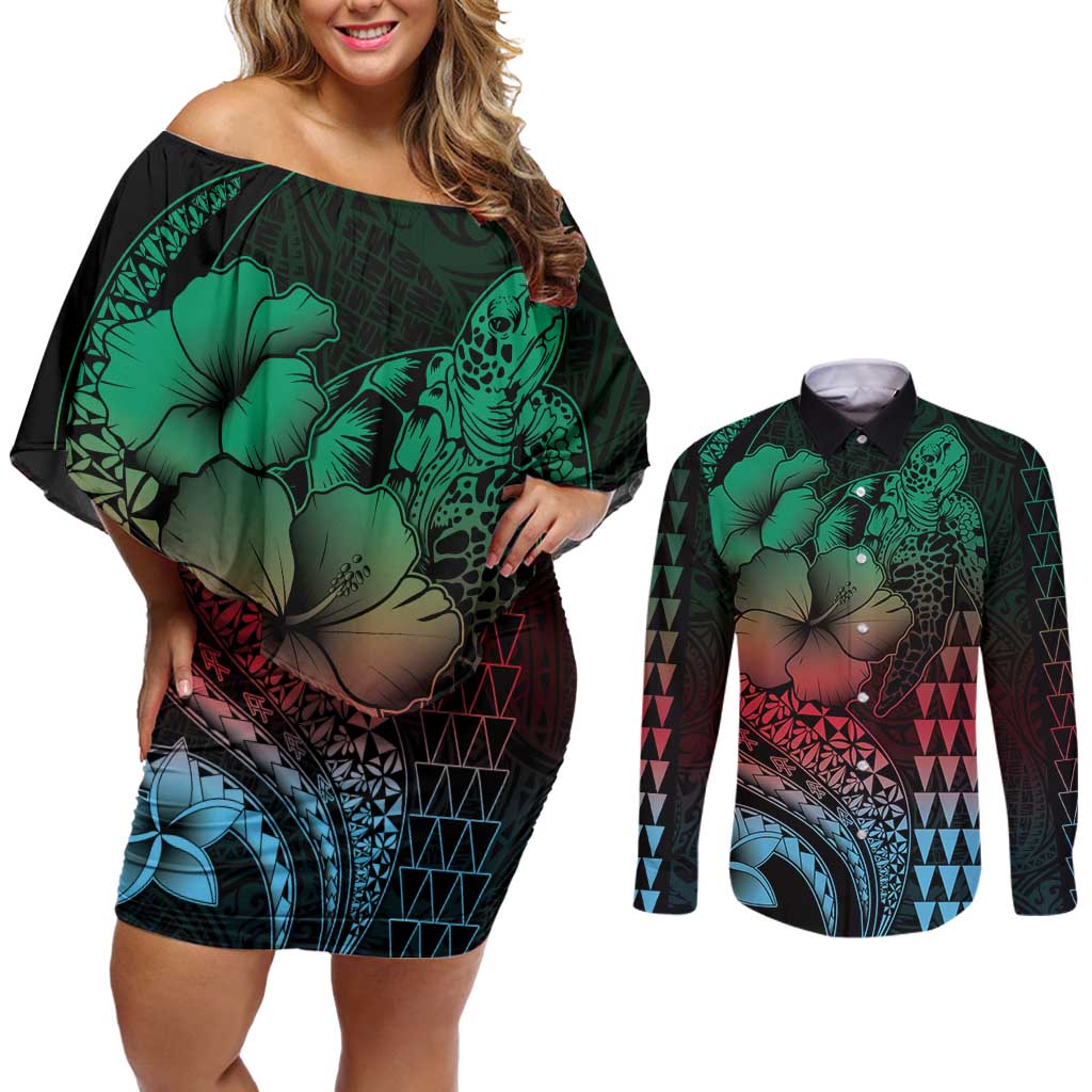 Hawaiian Sea Turtle Couples Matching Off Shoulder Short Dress and Long Sleeve Button Shirt Green Hibiscus Flowers and Kakau Pattern LT9 Green - Polynesian Pride