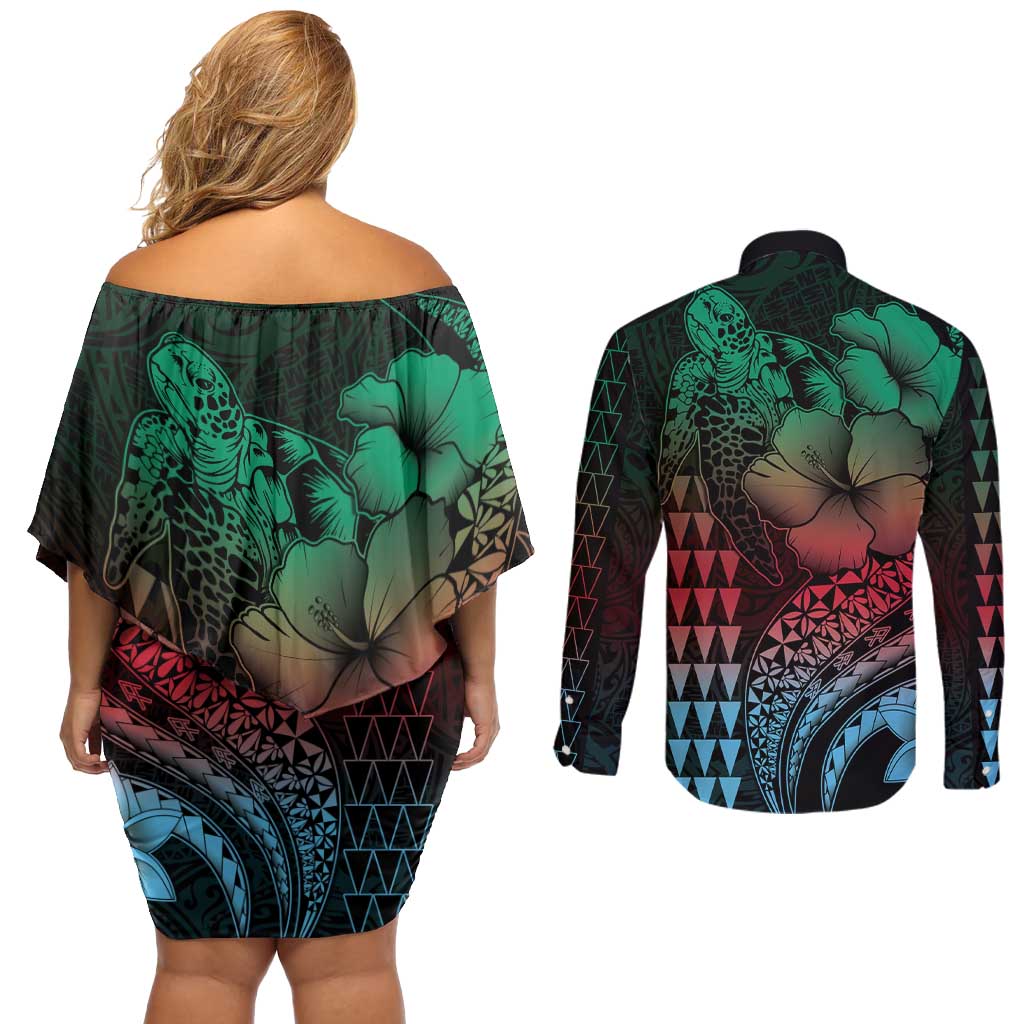 Hawaiian Sea Turtle Couples Matching Off Shoulder Short Dress and Long Sleeve Button Shirt Green Hibiscus Flowers and Kakau Pattern LT9 - Polynesian Pride