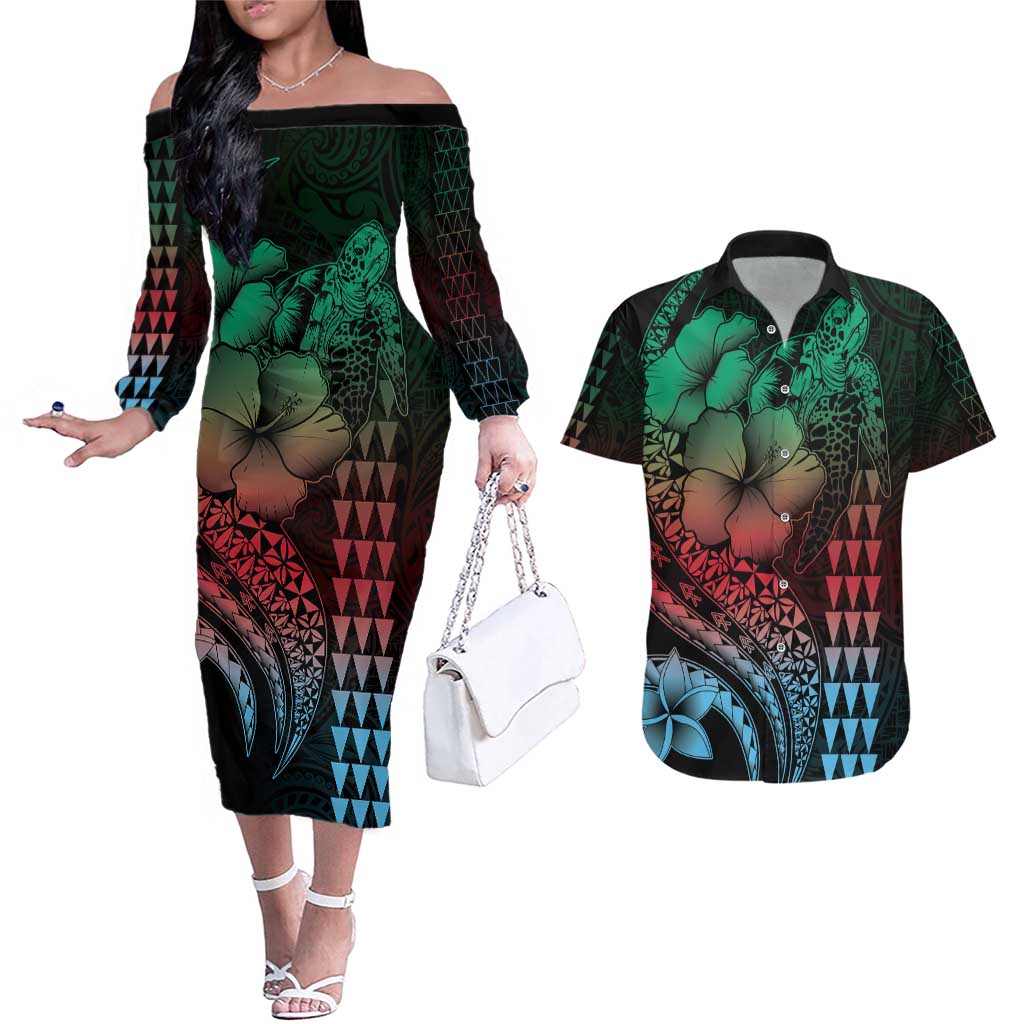 Hawaiian Sea Turtle Couples Matching Off The Shoulder Long Sleeve Dress and Hawaiian Shirt Green Hibiscus Flowers and Kakau Pattern