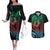 Hawaiian Sea Turtle Couples Matching Off The Shoulder Long Sleeve Dress and Hawaiian Shirt Green Hibiscus Flowers and Kakau Pattern