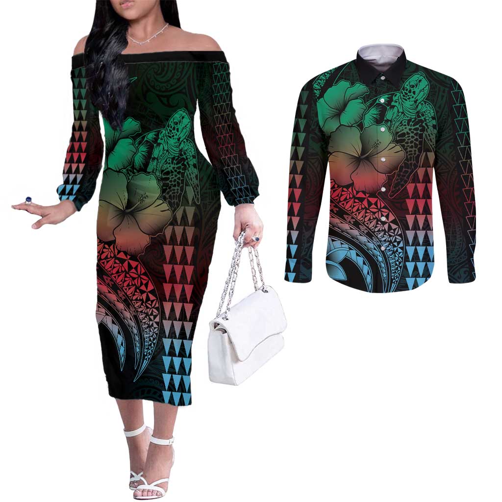 Hawaiian Sea Turtle Couples Matching Off The Shoulder Long Sleeve Dress and Long Sleeve Button Shirt Green Hibiscus Flowers and Kakau Pattern
