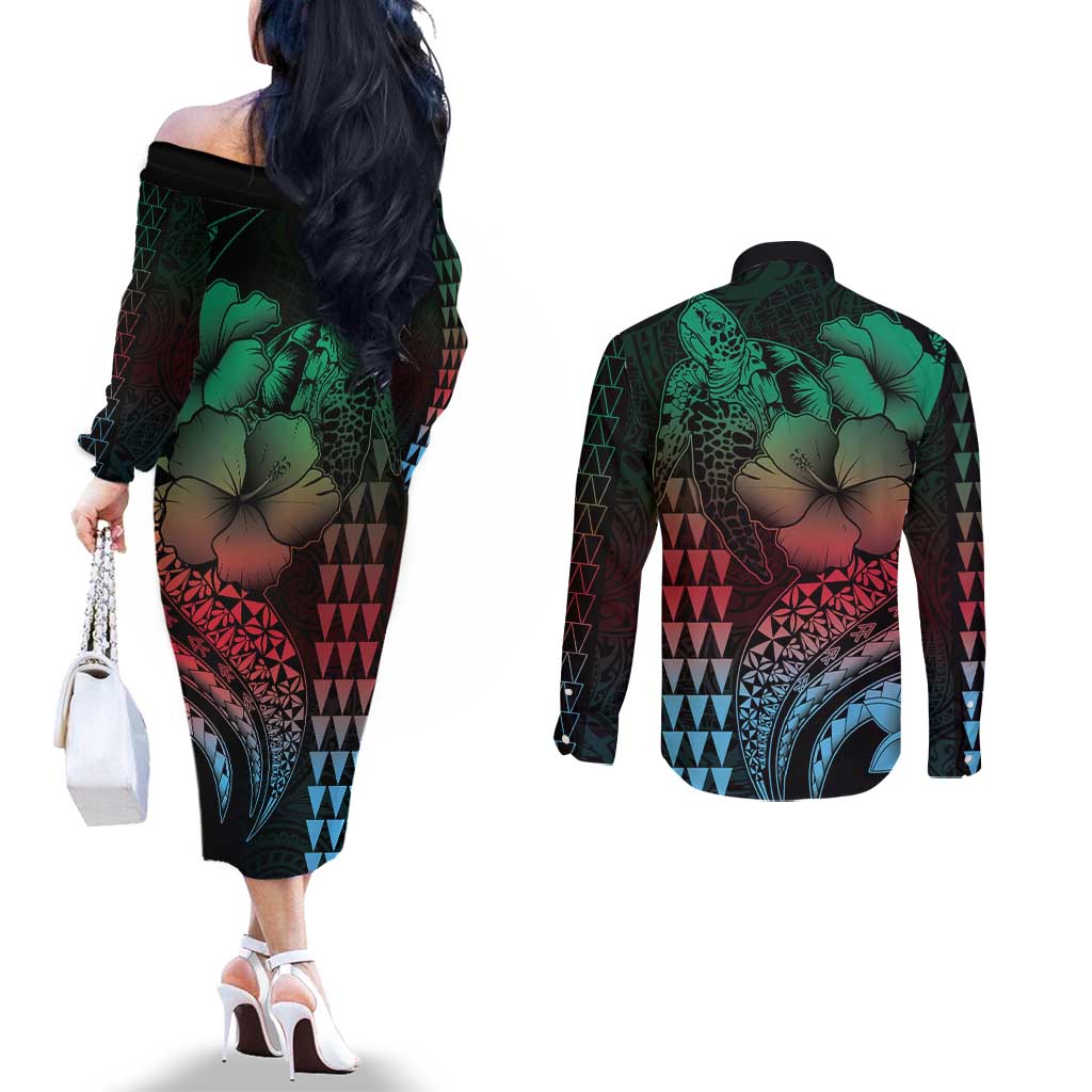 Hawaiian Sea Turtle Couples Matching Off The Shoulder Long Sleeve Dress and Long Sleeve Button Shirt Green Hibiscus Flowers and Kakau Pattern LT9 - Polynesian Pride