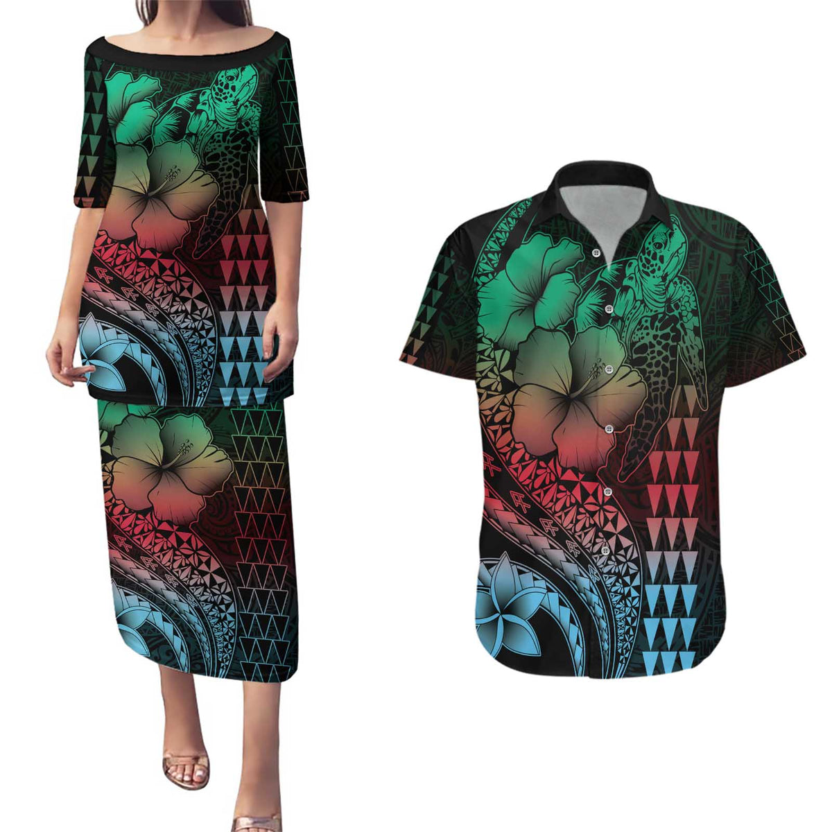 Hawaiian Sea Turtle Couples Matching Puletasi and Hawaiian Shirt Green Hibiscus Flowers and Kakau Pattern LT9 Green - Polynesian Pride