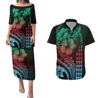 Hawaiian Sea Turtle Couples Matching Puletasi and Hawaiian Shirt Green Hibiscus Flowers and Kakau Pattern LT9 Green - Polynesian Pride