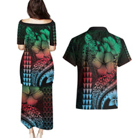 Hawaiian Sea Turtle Couples Matching Puletasi and Hawaiian Shirt Green Hibiscus Flowers and Kakau Pattern LT9 - Polynesian Pride