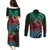 Hawaiian Sea Turtle Couples Matching Puletasi and Long Sleeve Button Shirt Green Hibiscus Flowers and Kakau Pattern