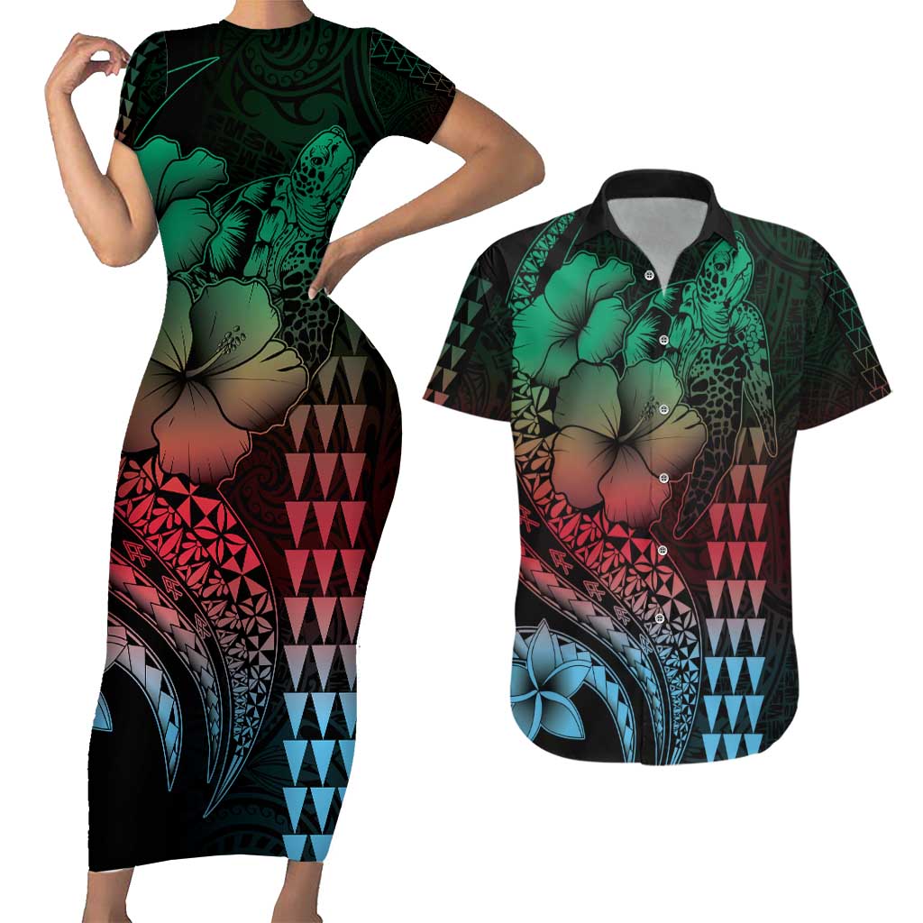 Hawaiian Sea Turtle Couples Matching Short Sleeve Bodycon Dress and Hawaiian Shirt Green Hibiscus Flowers and Kakau Pattern LT9 Green - Polynesian Pride